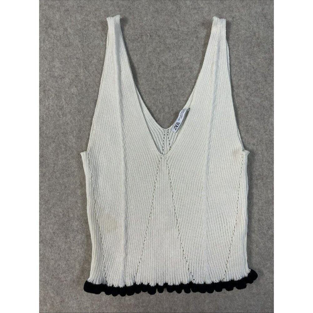 Zara Cream Sleeveless Crochet Knit Bottom Ruffle Crop Sweater Tank Top V Neck SM